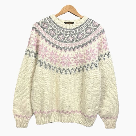 Vintage 90s Eddie Bauer Wool Sweater Nordic Snowflake Fair Isle Large Ivory Pink - Picture 1 of 5